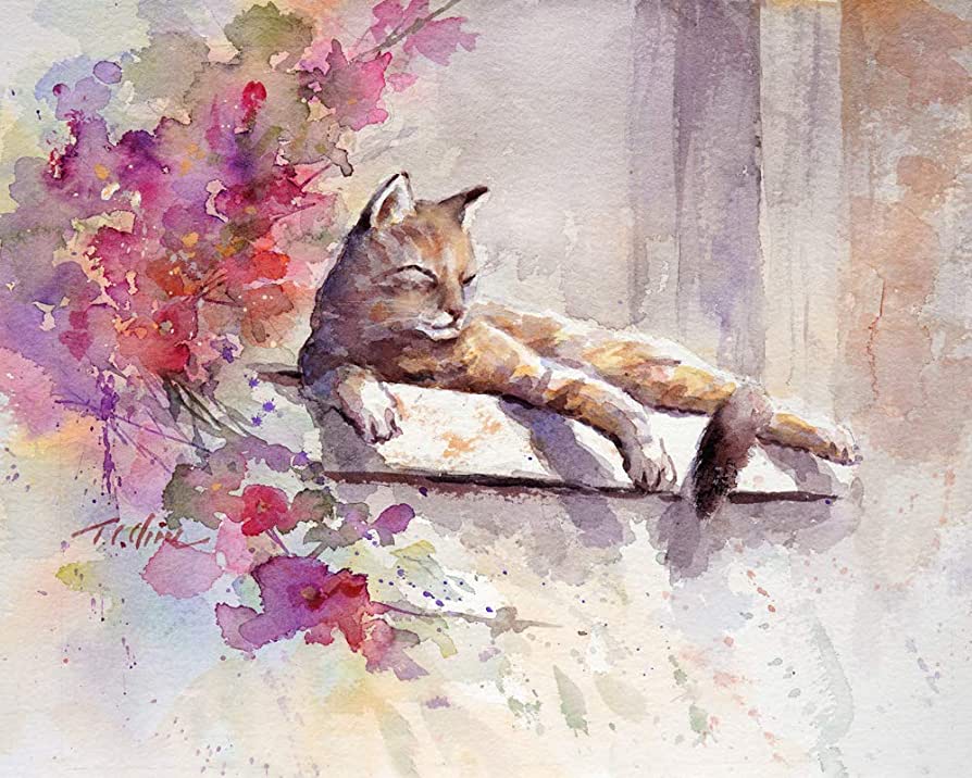 Watercolor painting of cat laying on window pane