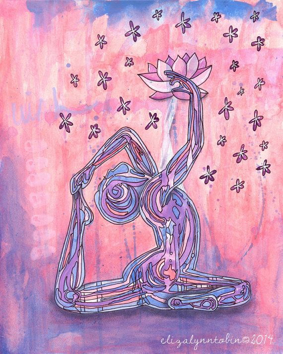 Painting depicting a figure in king pidgeon pose, Eka Pada Rajakapotasana, surrounded by small flowers with a lotus flower above their right hand