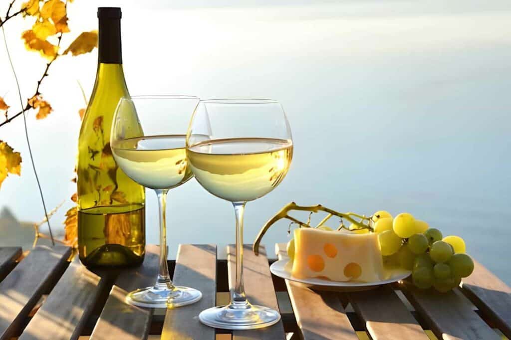 A bottle of white wine poured into a wine glass with white cheese on the side