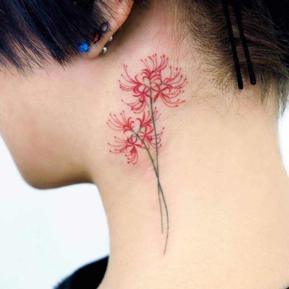 red-spider-lily-tattoo-on-neck