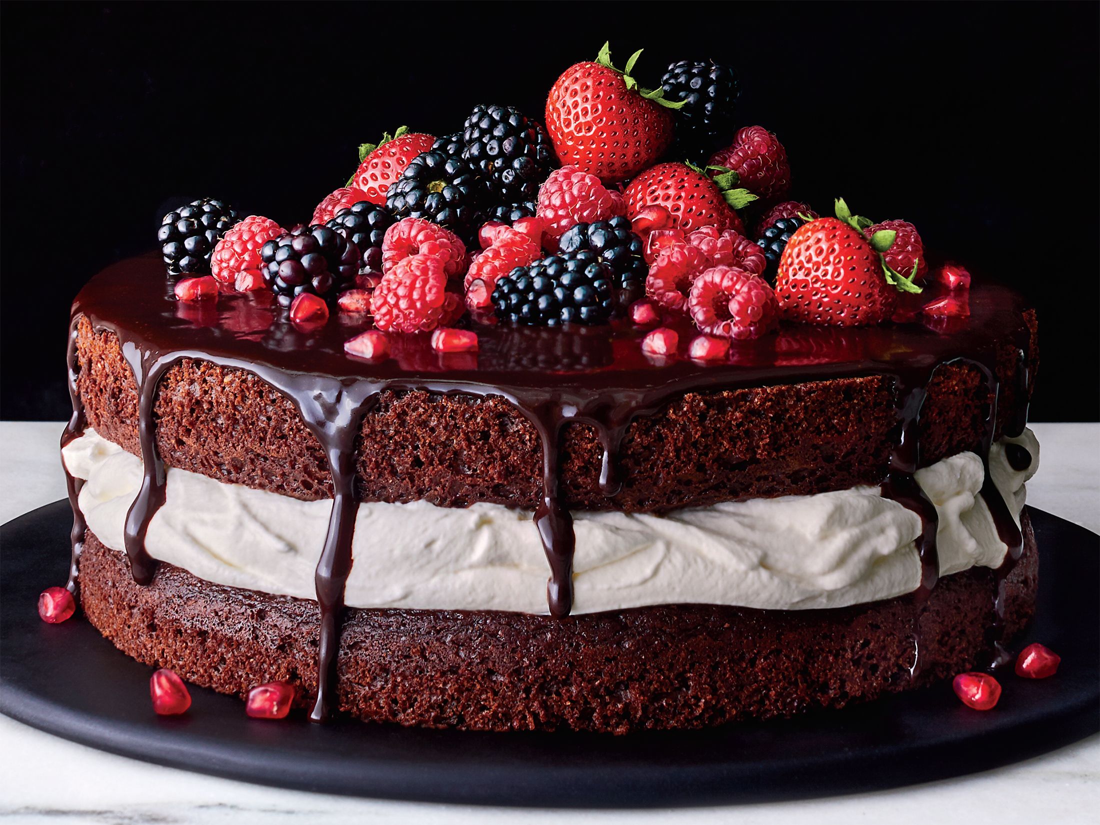 chocolate cake with fruits on top
