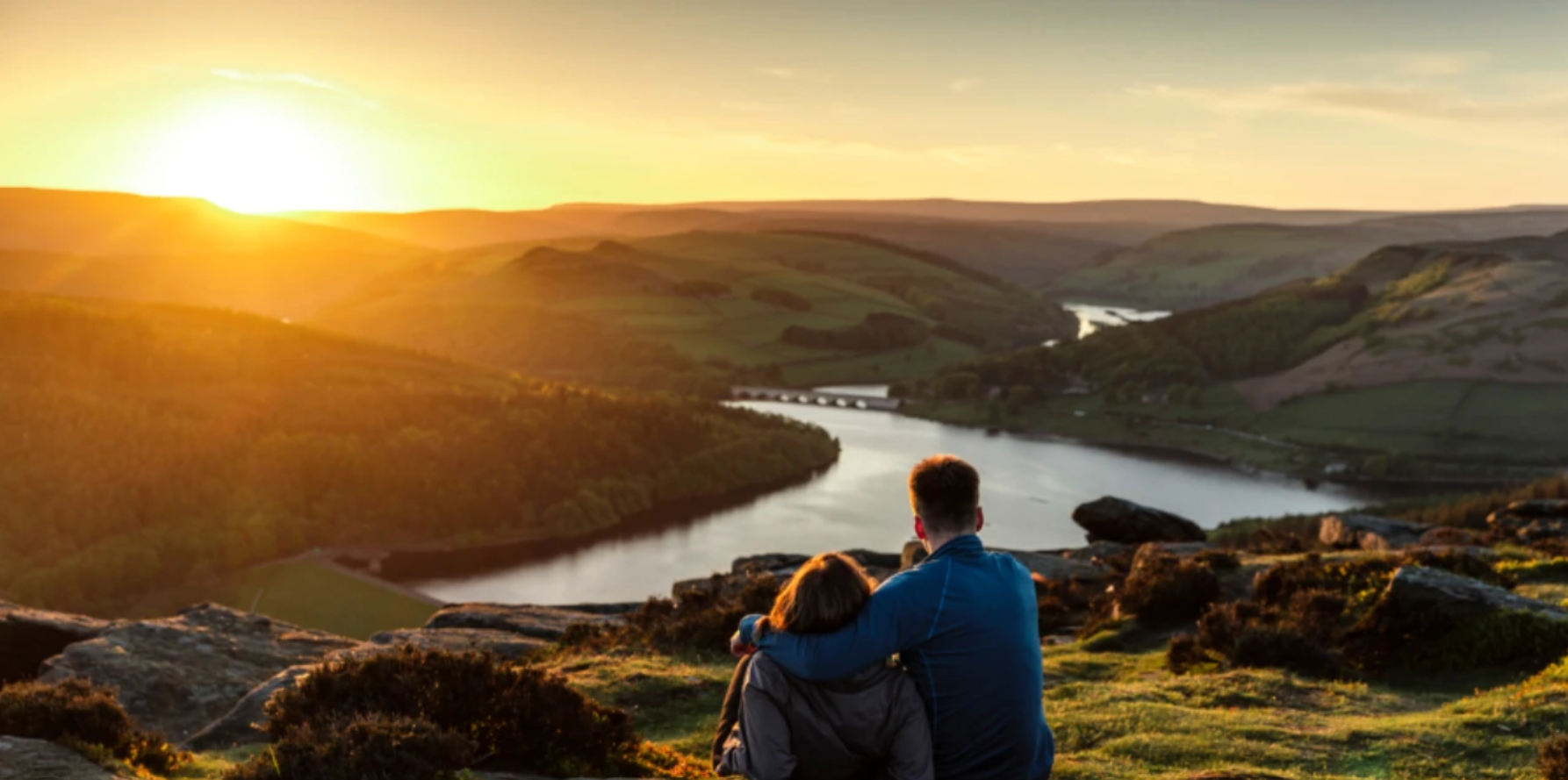 The back of a guy and a woman overlooking Ladybower Reservoir