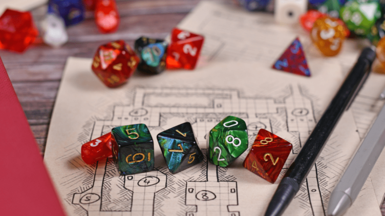 TRPG dice on a map