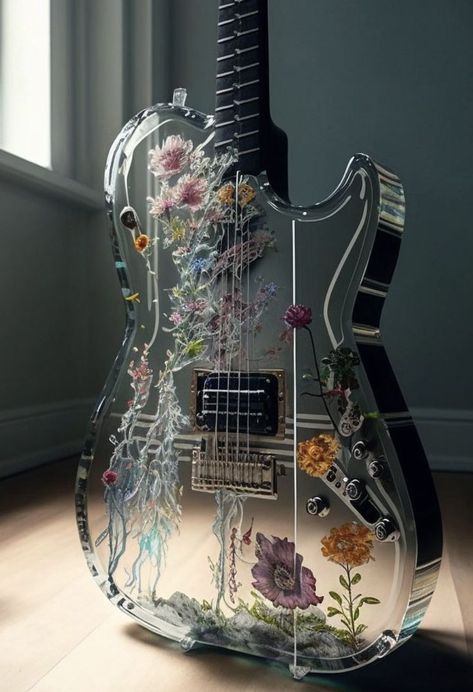 image of clear electric guitar with wildflowers inside
