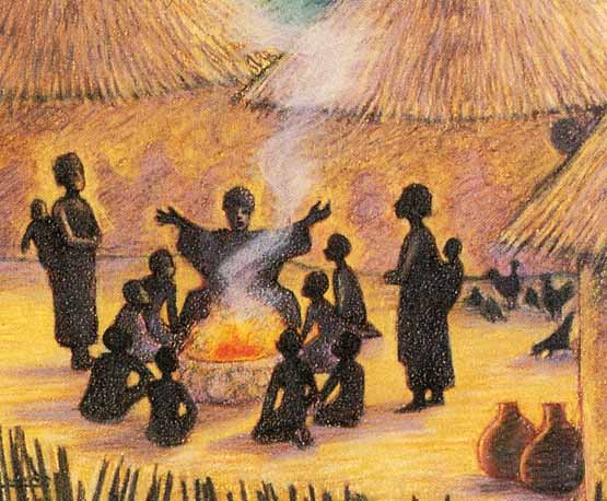 Female African storyteller telling tales in the center of a small crowd of villagers