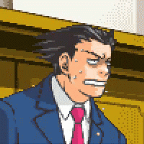 a gif from an ace attorney game of a distressed phoenix wright sweating profusely