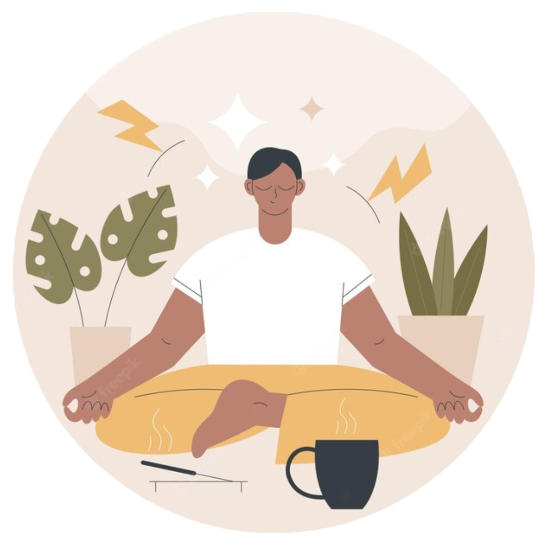 man meditating at home with incence and cup of tea