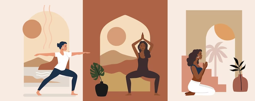 illustration of three women practicing yoga in different places