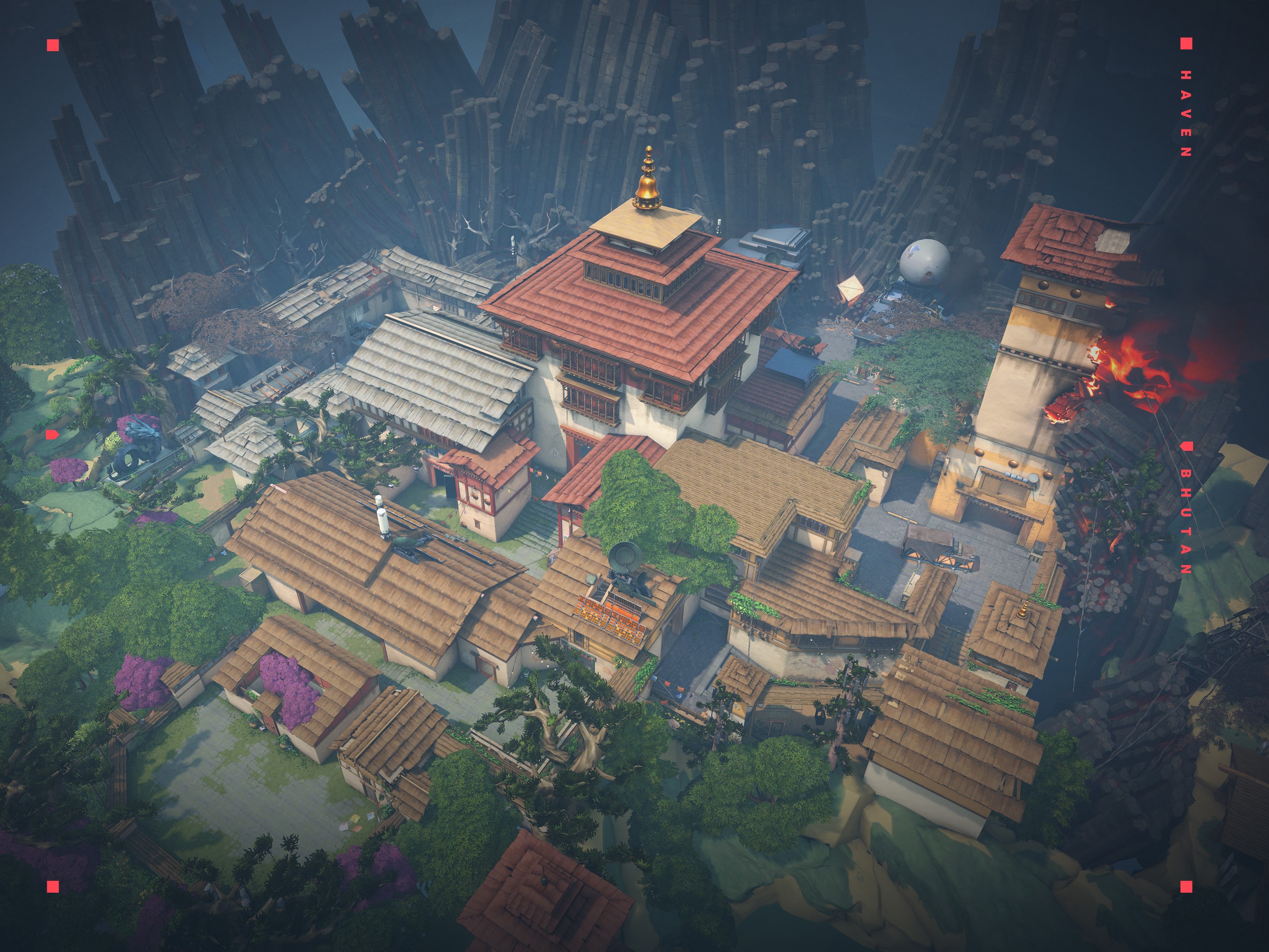 an overhead snapshot of haven, one of valorant's many maps