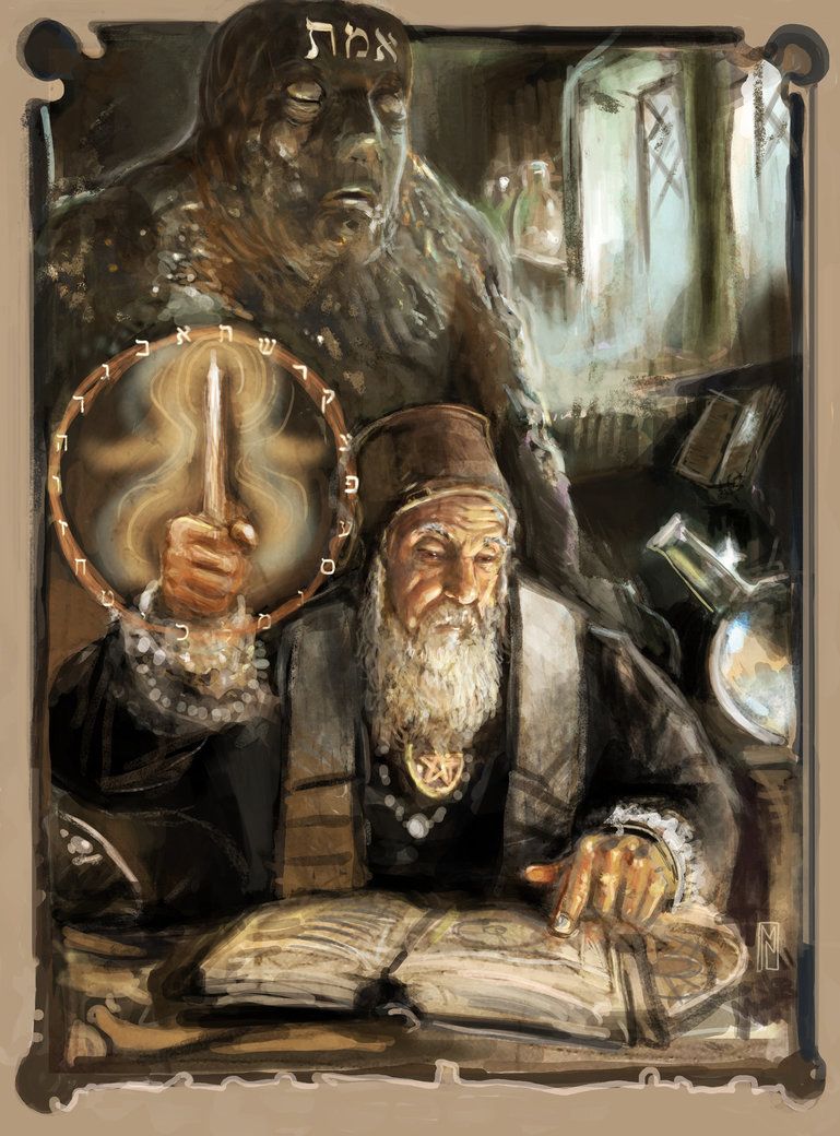 jewish mystic casting a spell with hebrew letters and a large clay man standing behind him