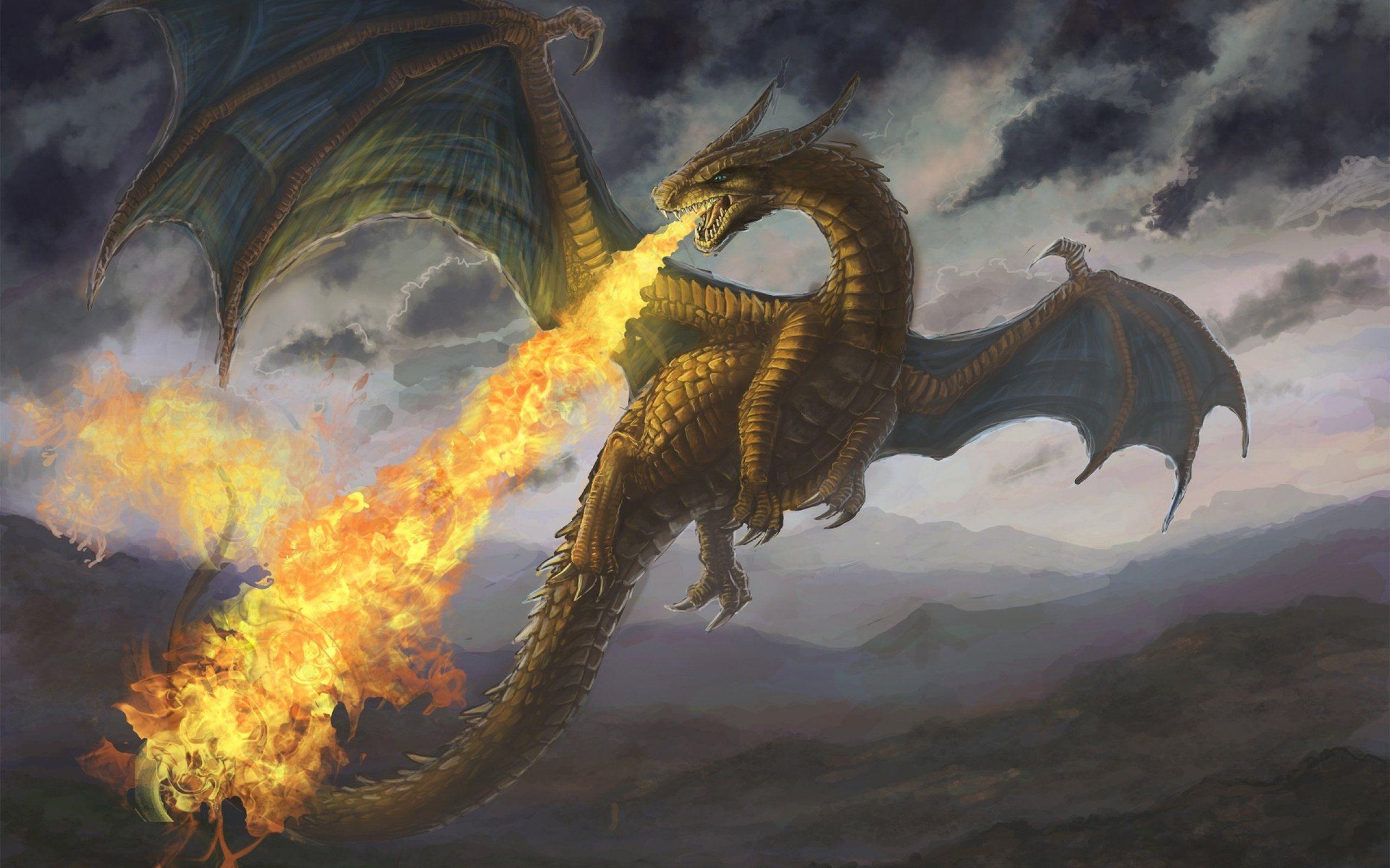 Gold dragon flying and breathing fire. This dragon has two wings with a blue-green membrane; four legs and a long tail with spines trailing down the spine.