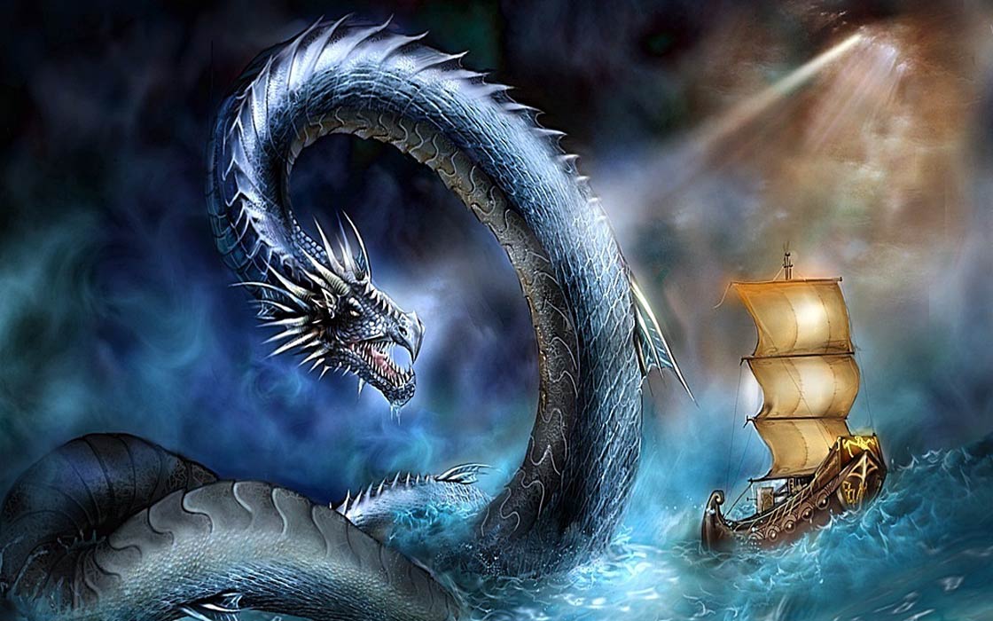 Blue sea serpent emerging from the ocean with roiling waves to tower over a merchant sailing ship. These have no limbs but a powerful tail with small fins and spikes down the spine.
