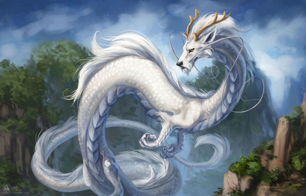 White lung, otherwise known as the chinese dragon. This one has no wings; four legs; antlered horns and a long sinious body with a long fur covered tail and spines. This one also has a pair of long white whiskers