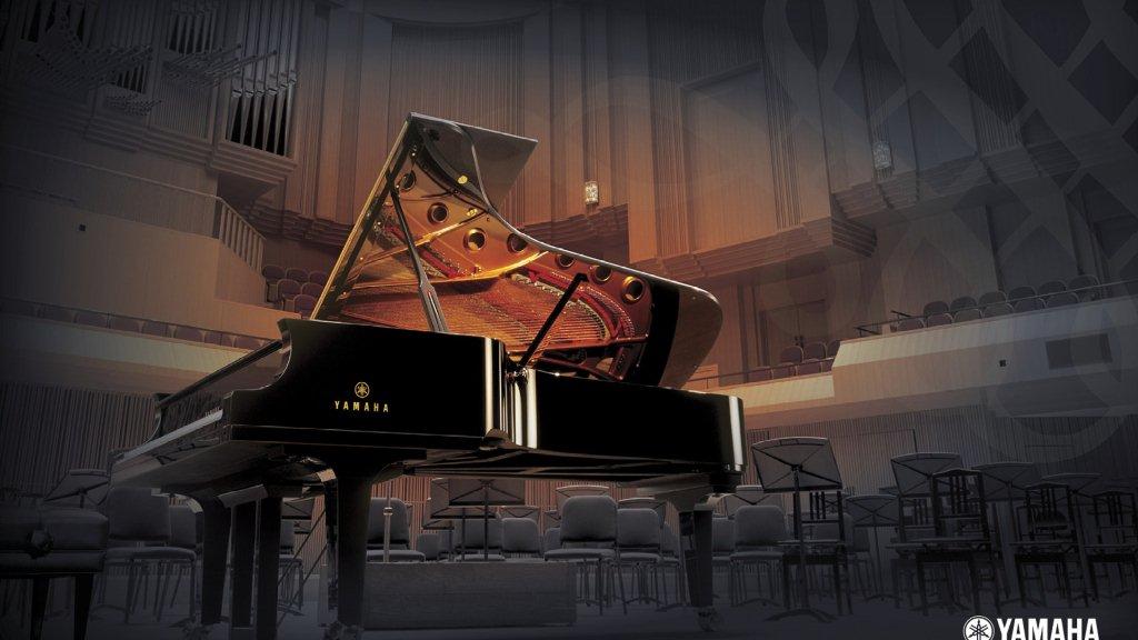 A Shot from down low of a piano in a concert hall