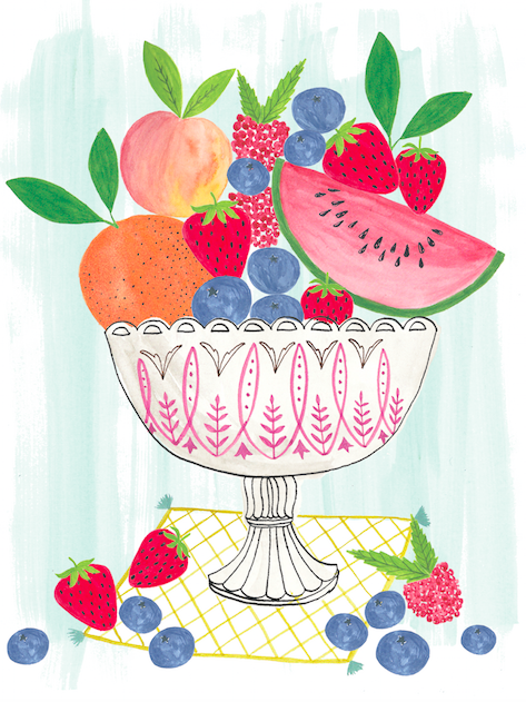 A illustrated bowl full of fruit