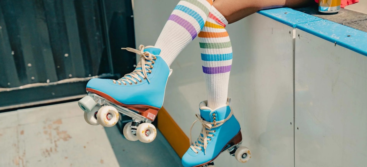close up of blue roller skates