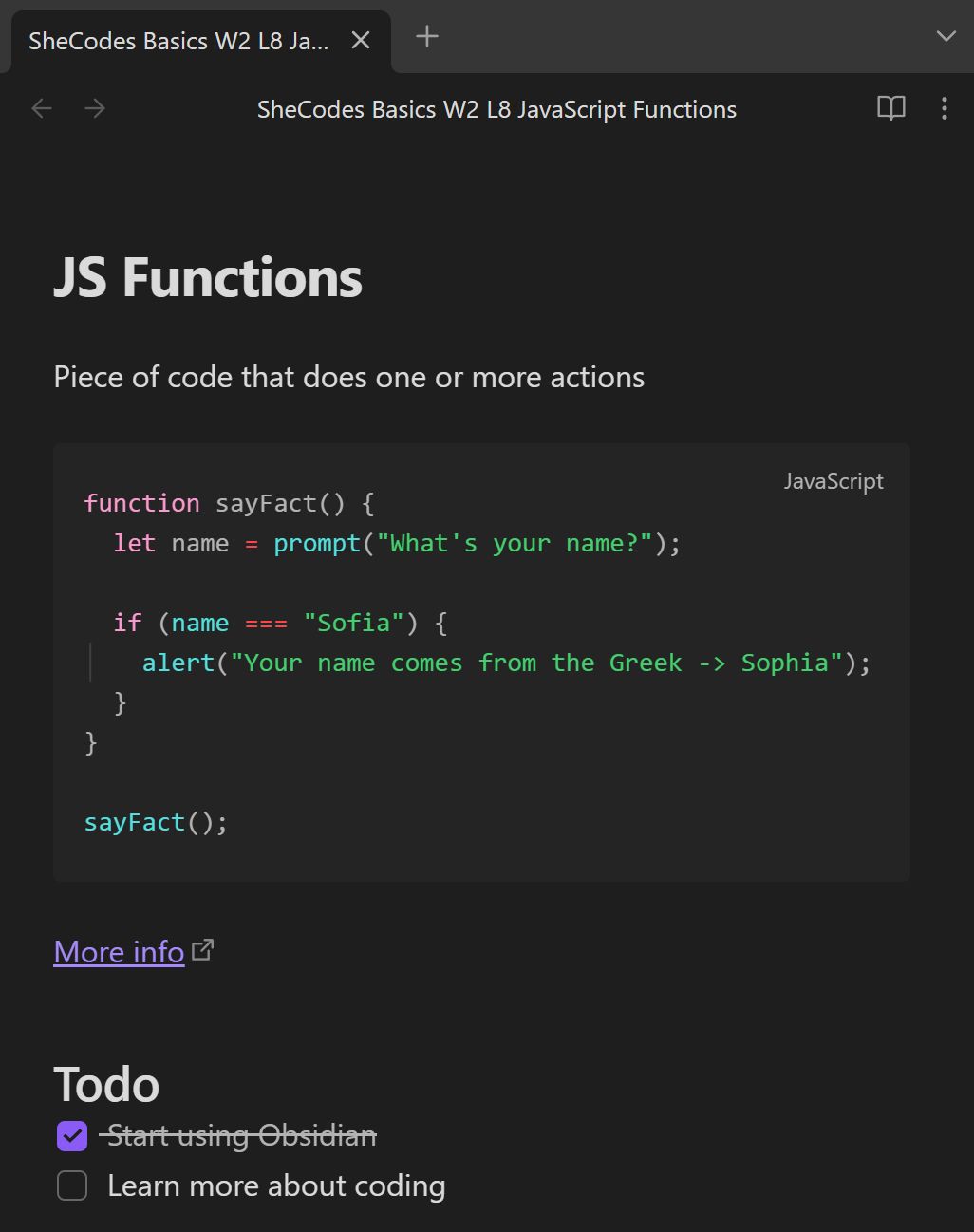 Example of coding notes in Obsidian