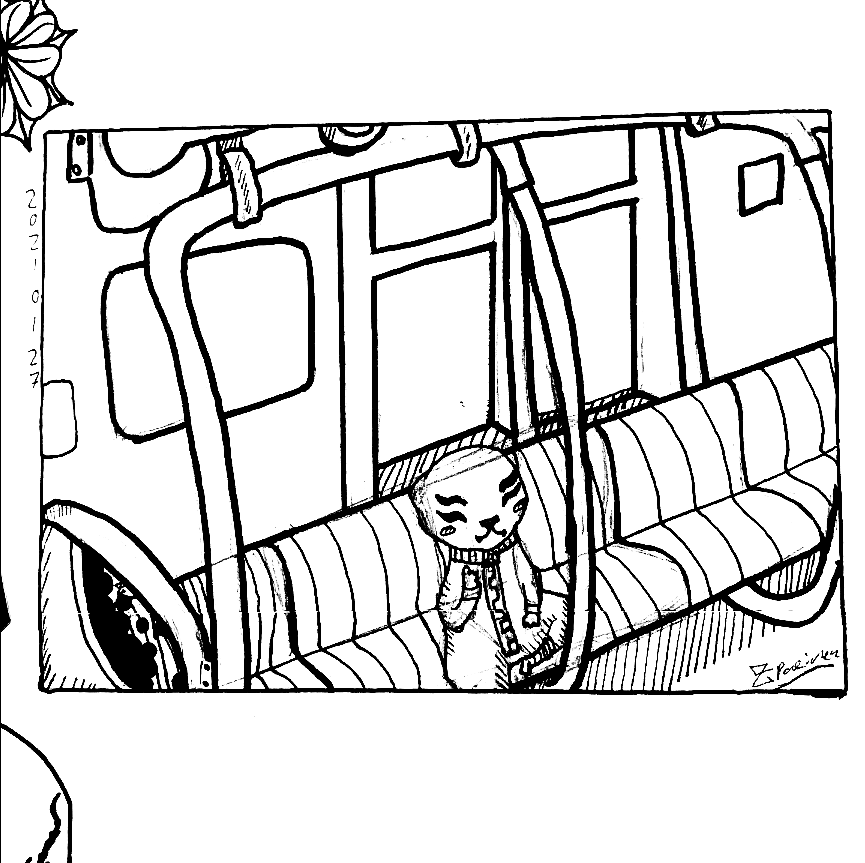 little alien riding Japanese subway