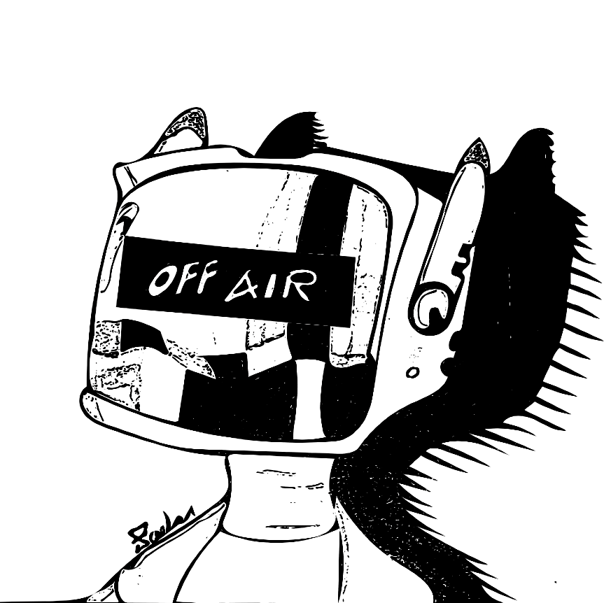 a person with a tv head that says off the air