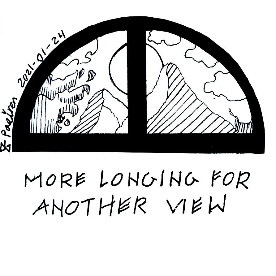 ink drawing of a half circle window with mountains
