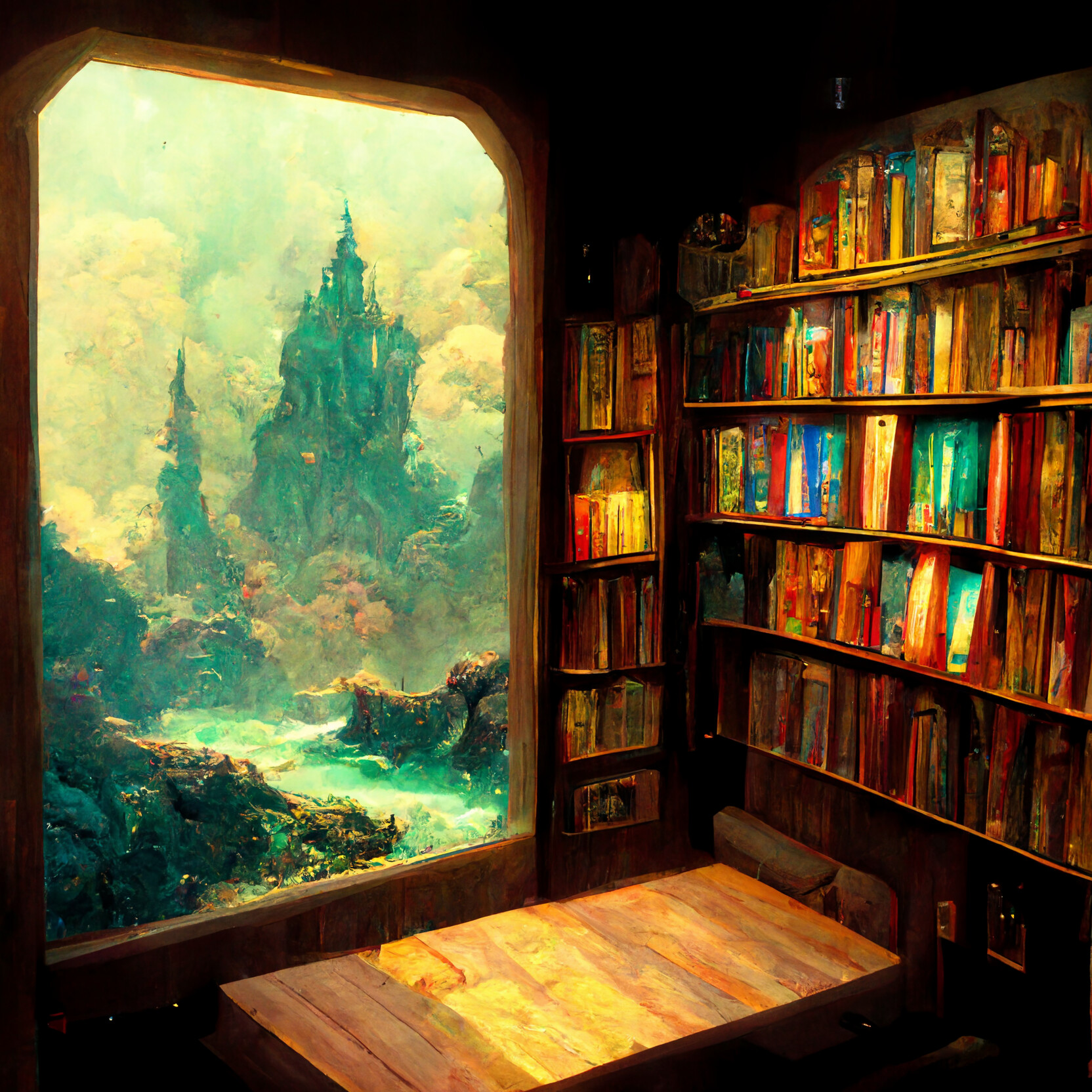 a book nook with a fantasy view