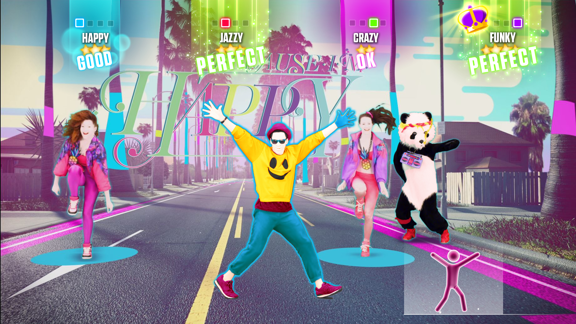 Just Dance game screen with dance instructor and moves to follow