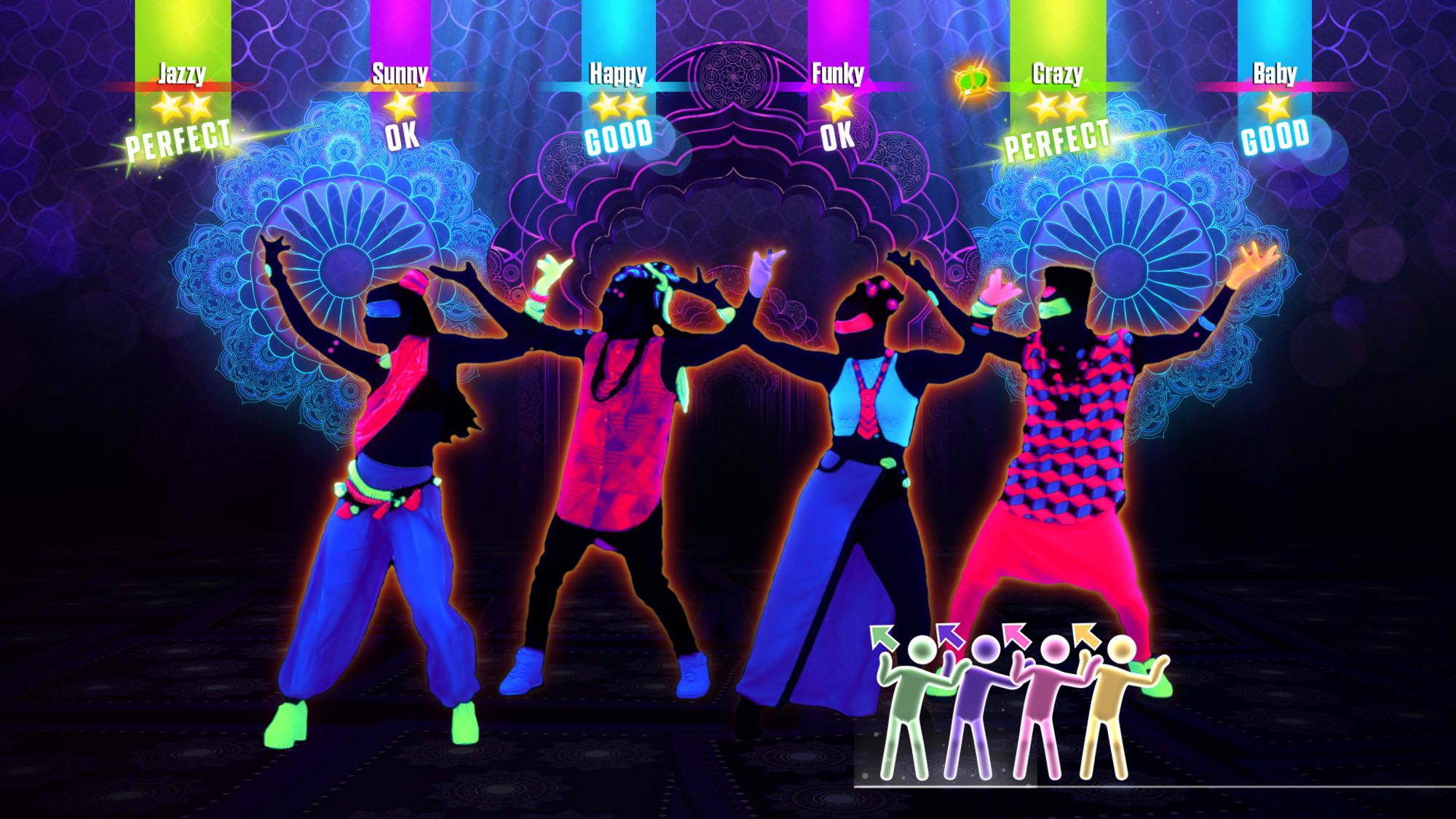Just Dance game screen with dance instructor and moves to follow