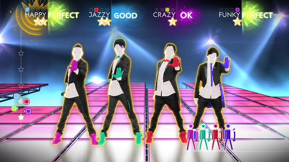 Just Dance game screen with dance instructor and moves to follow