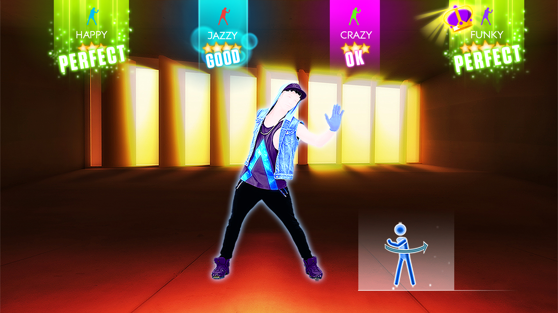 Just Dance game screen with dance instructor and moves to follow