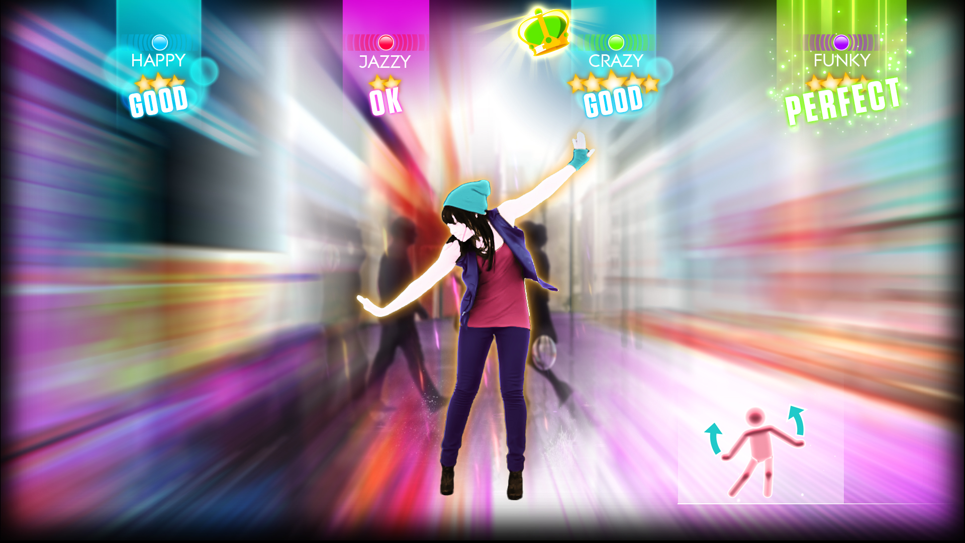 Just Dance game screen with dance instructor and moves to follow