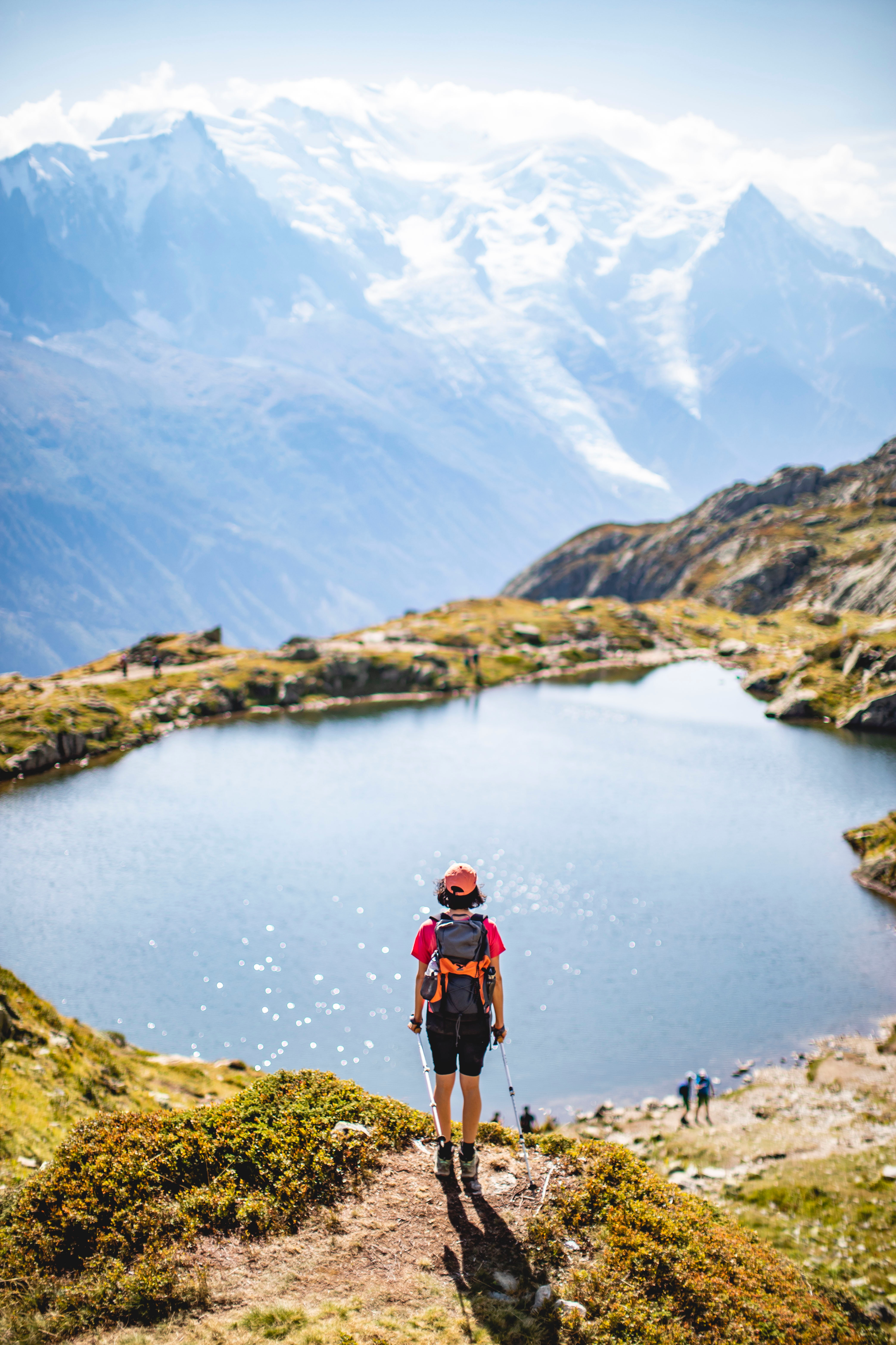 Hiking with dark lake in background