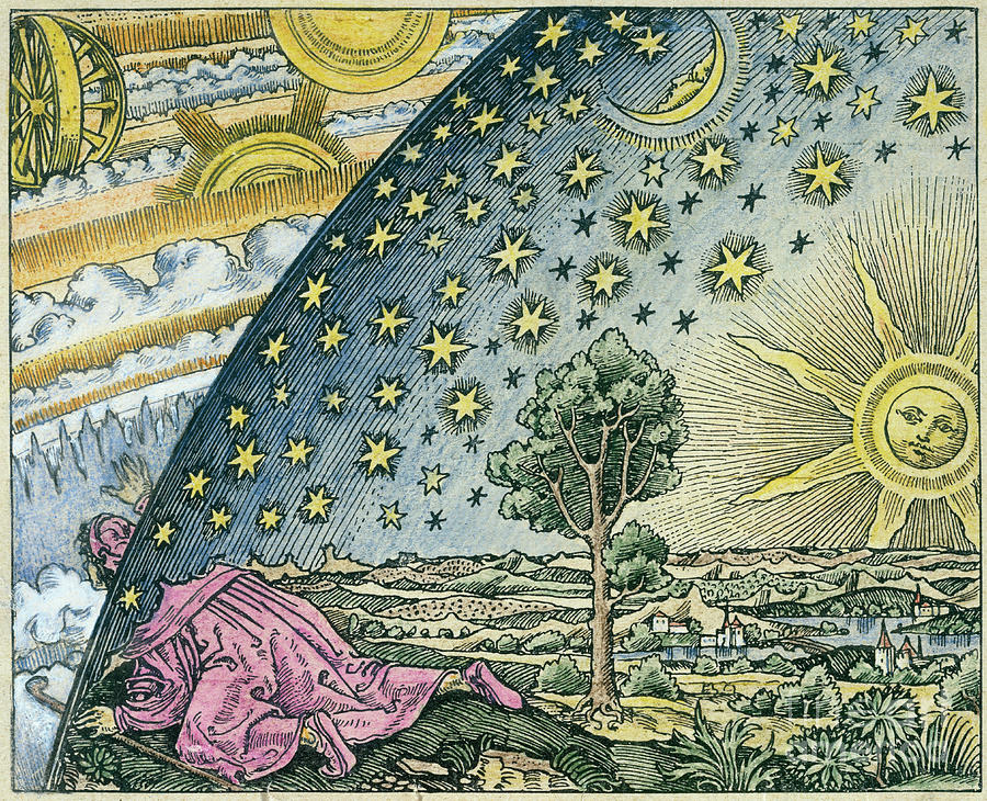 Wood engraving 'The Atmosphere: Popular Meteorology' by Camille
        Flammarion (1888), depicting an illustration of Earth's atmosphere with
        clouds, weather patterns, and celestial elements