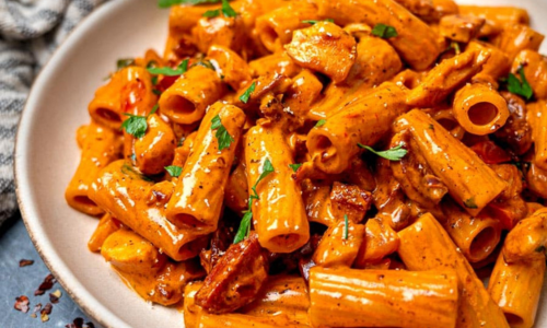 Cajun spiced chicken and chorizo pasta bake