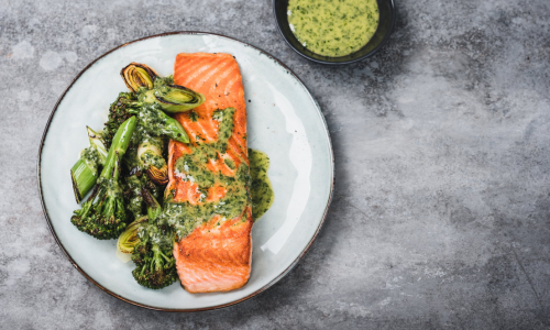 smoked salmon with potatoes, tender stem brocolli, garlic and soy sauce