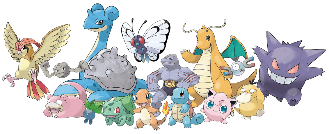 various pokemon aligned in the middle, with the 3 main gen 1 pokemons at the center
