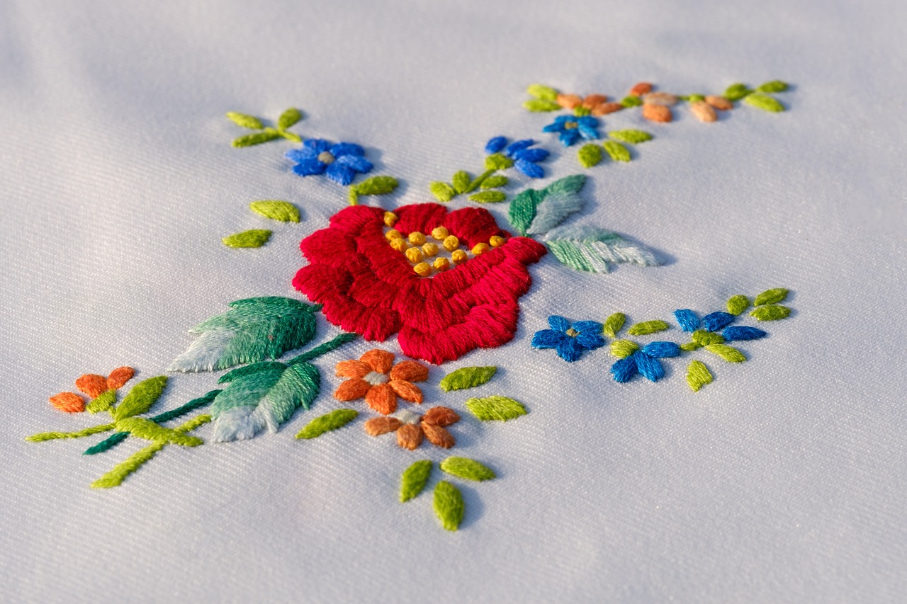 embroidered big red flower and small blue dainty flowers with green leaves on a white cotton fabric