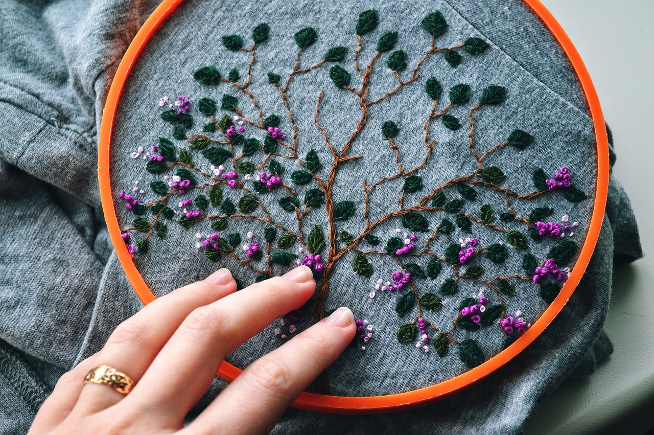 embroidment hoop, containing a work in progress, of a tree with detailed leaves ands purple blossoms.