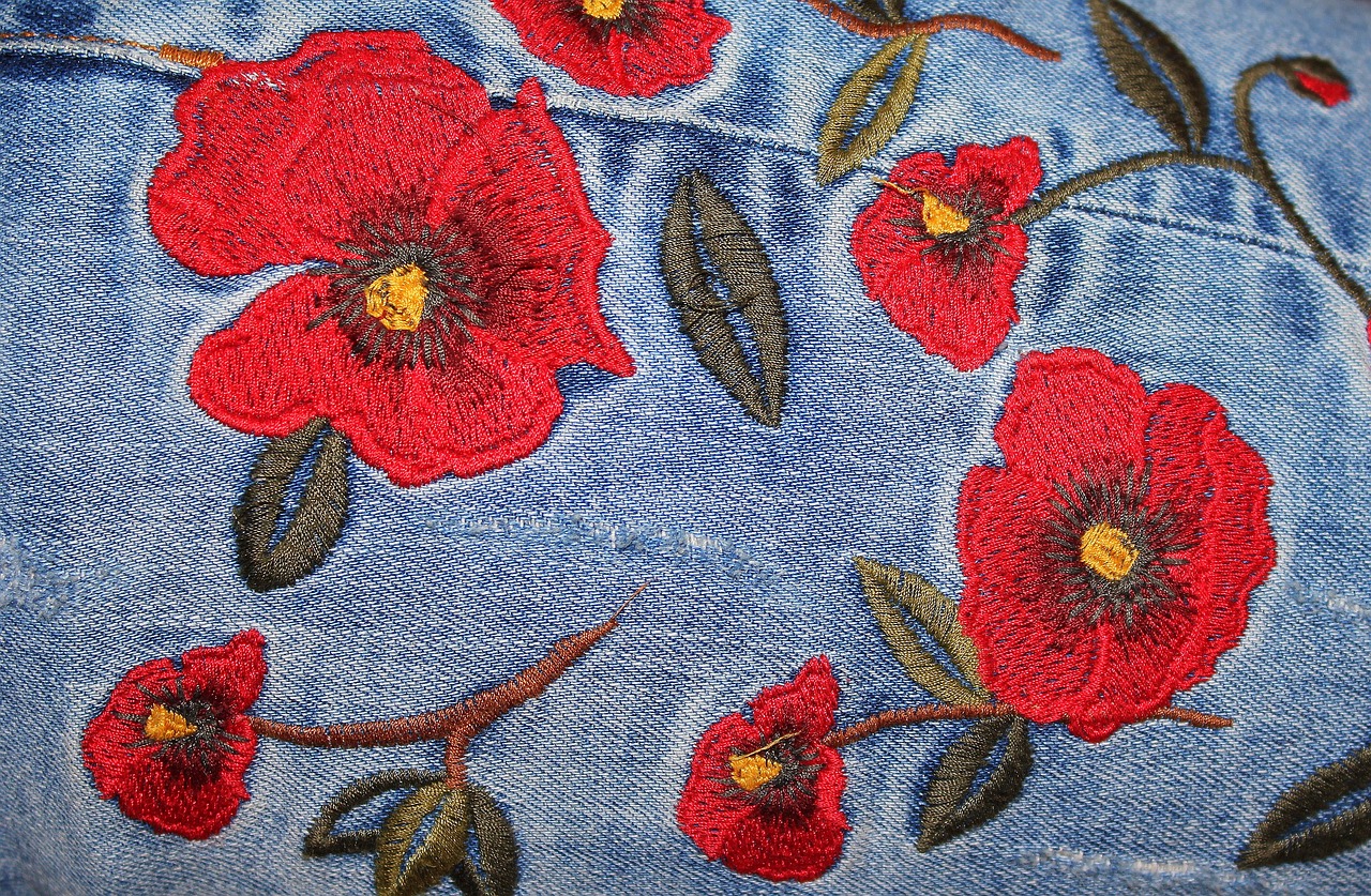 close up of red florals on denim