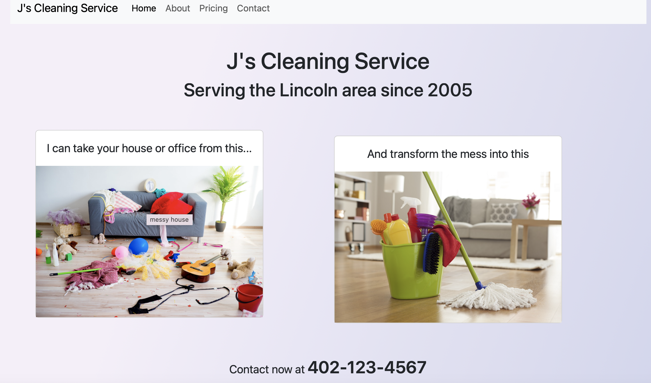 screenshot of a cleaning site