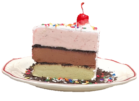 A delicious-looking slice of neopolitan cake, topped with sprinkles and a cherry on top