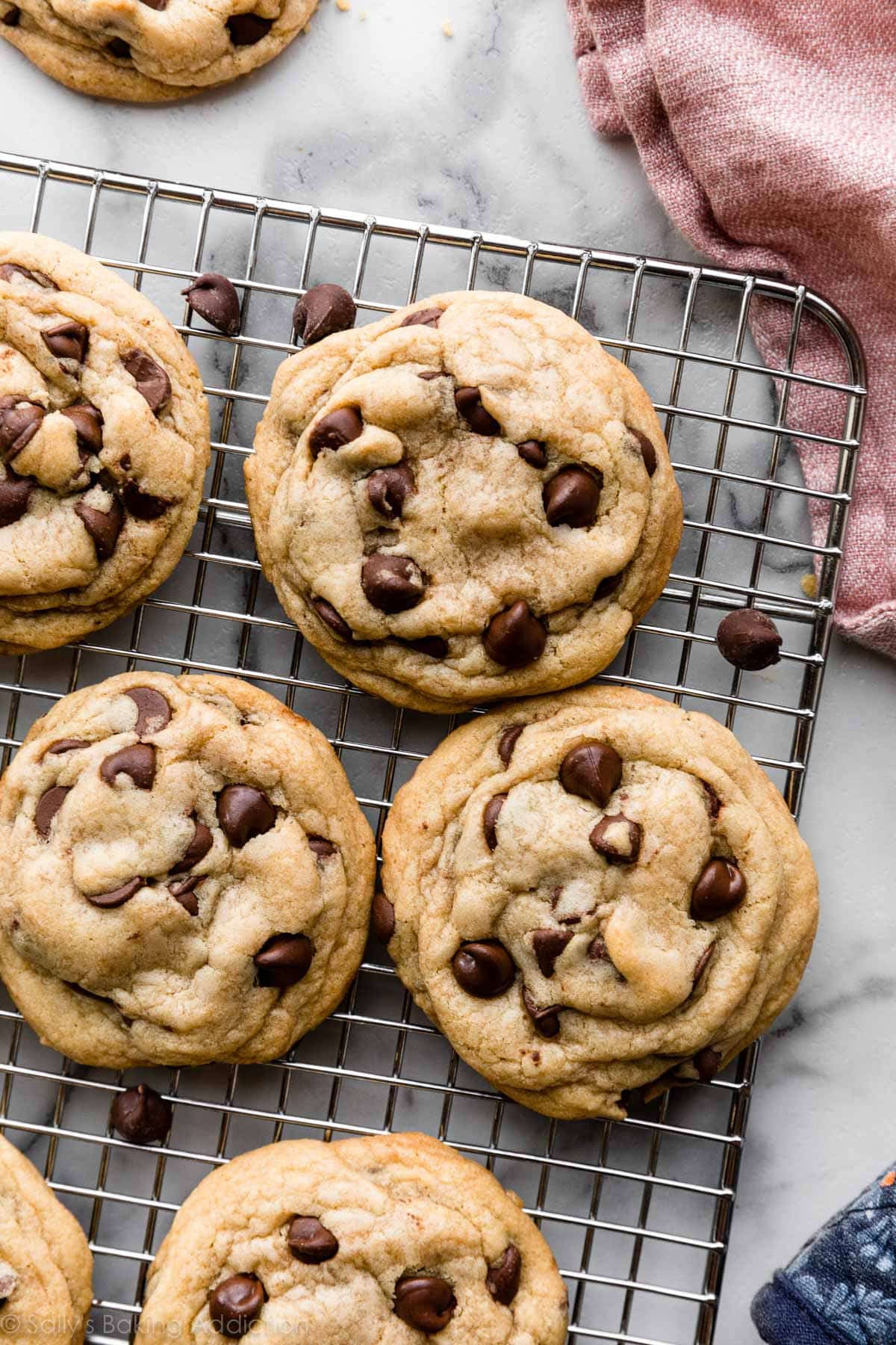 An image of chocolate chip cookies on a wire rack