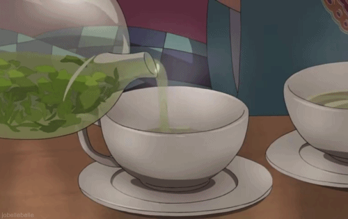 Animation of green tea being poured into a cup
