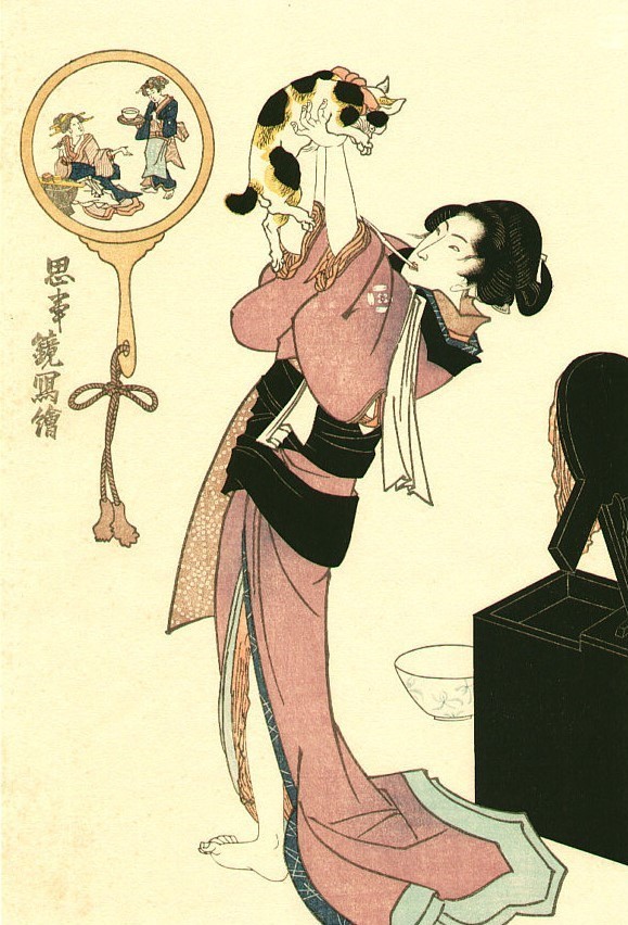 Japanese scroll depicting woman holding cat