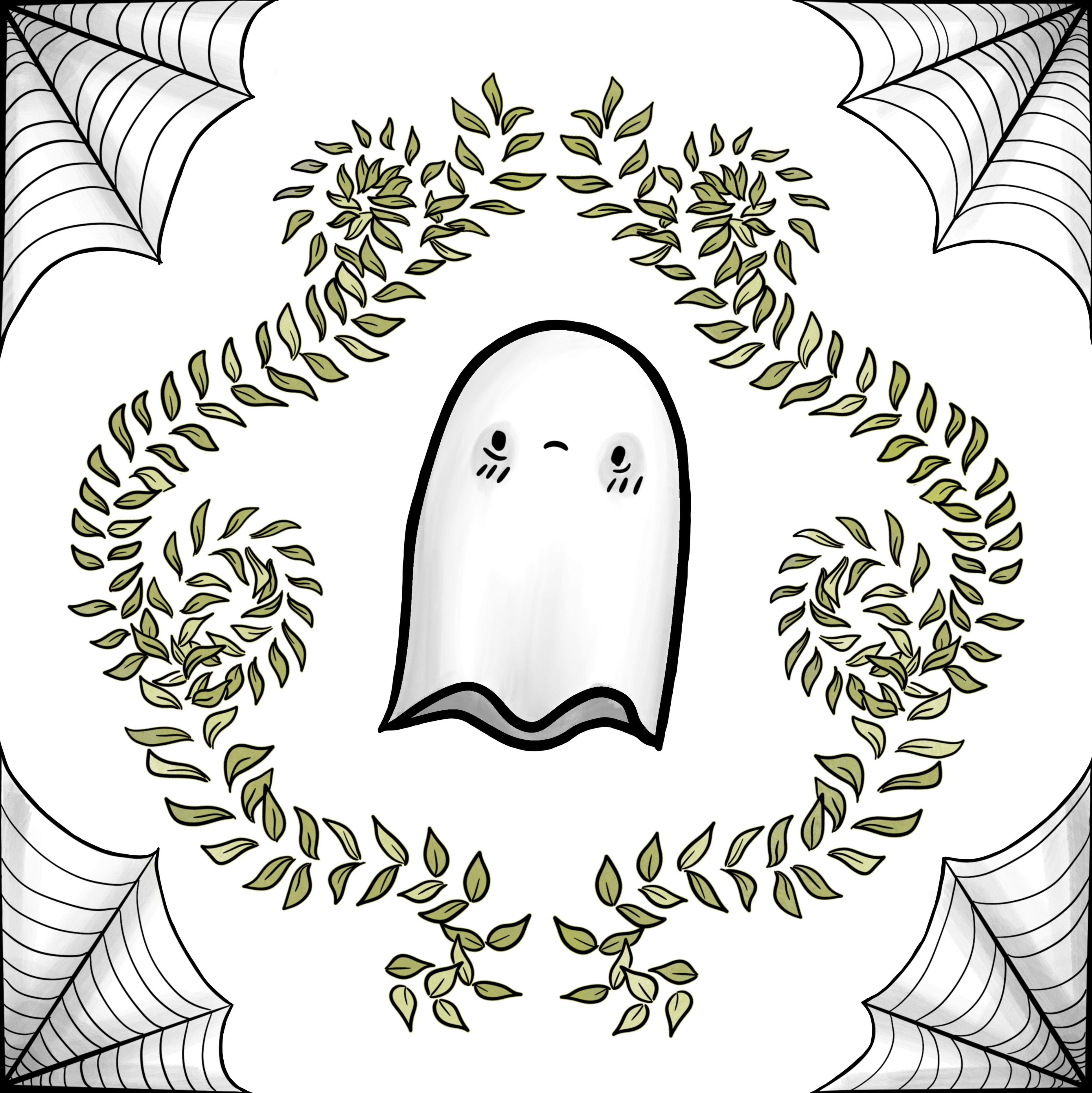 A digital drawing of a frowning ghost character who is surrounded by green plant filigrie with cobwebs in all four corners