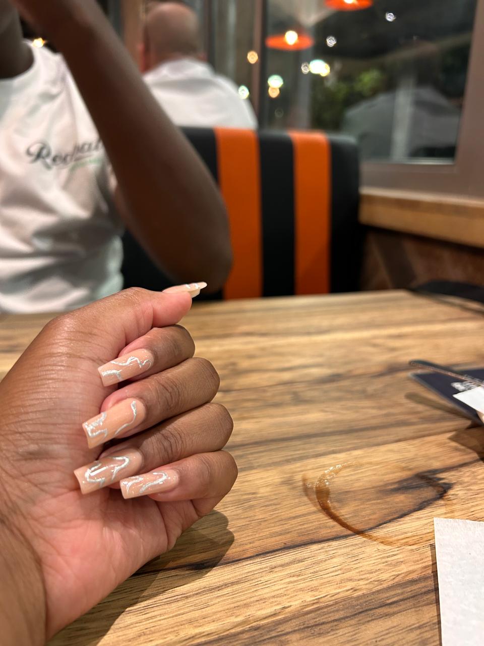 simple chrome lines, on sweet pink acrylic, nails