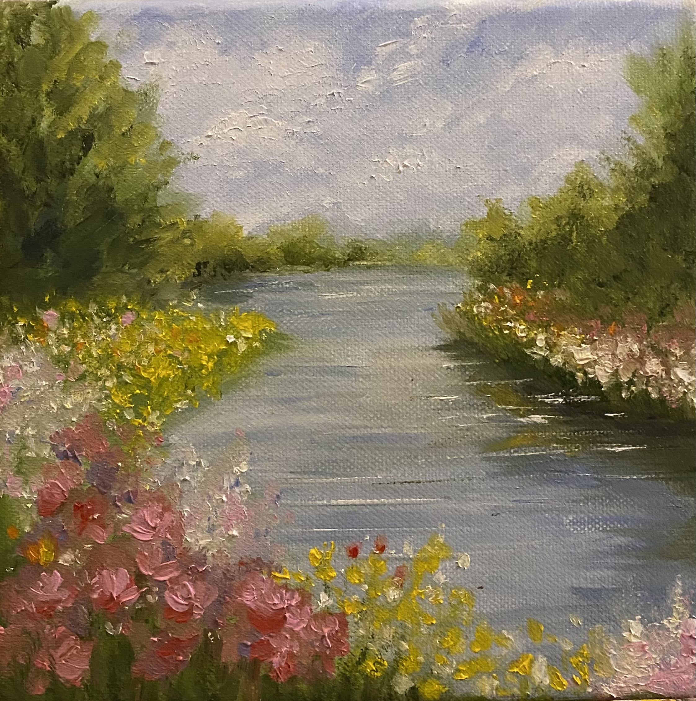landscape of river and wild flowers-oil