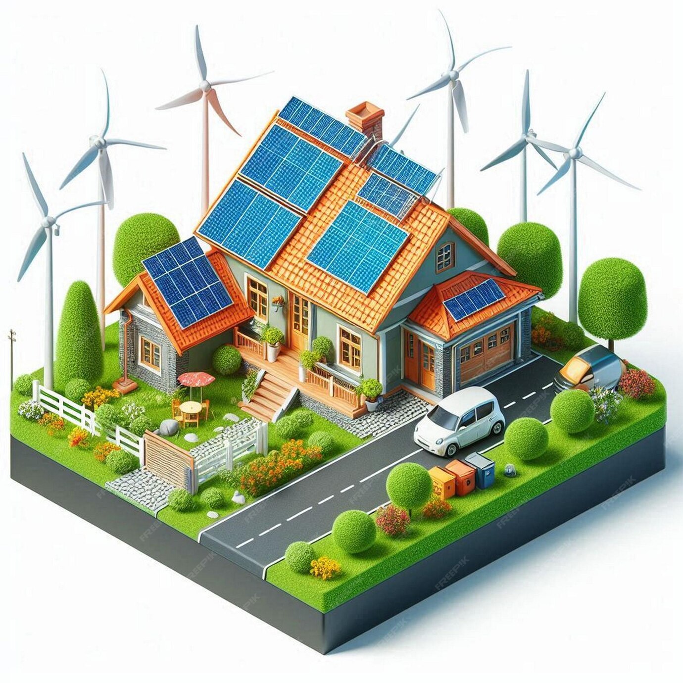 Solar home with windmills, garden, and green energy.
