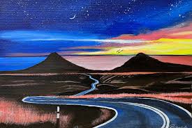 A painting of a road passing between two hills