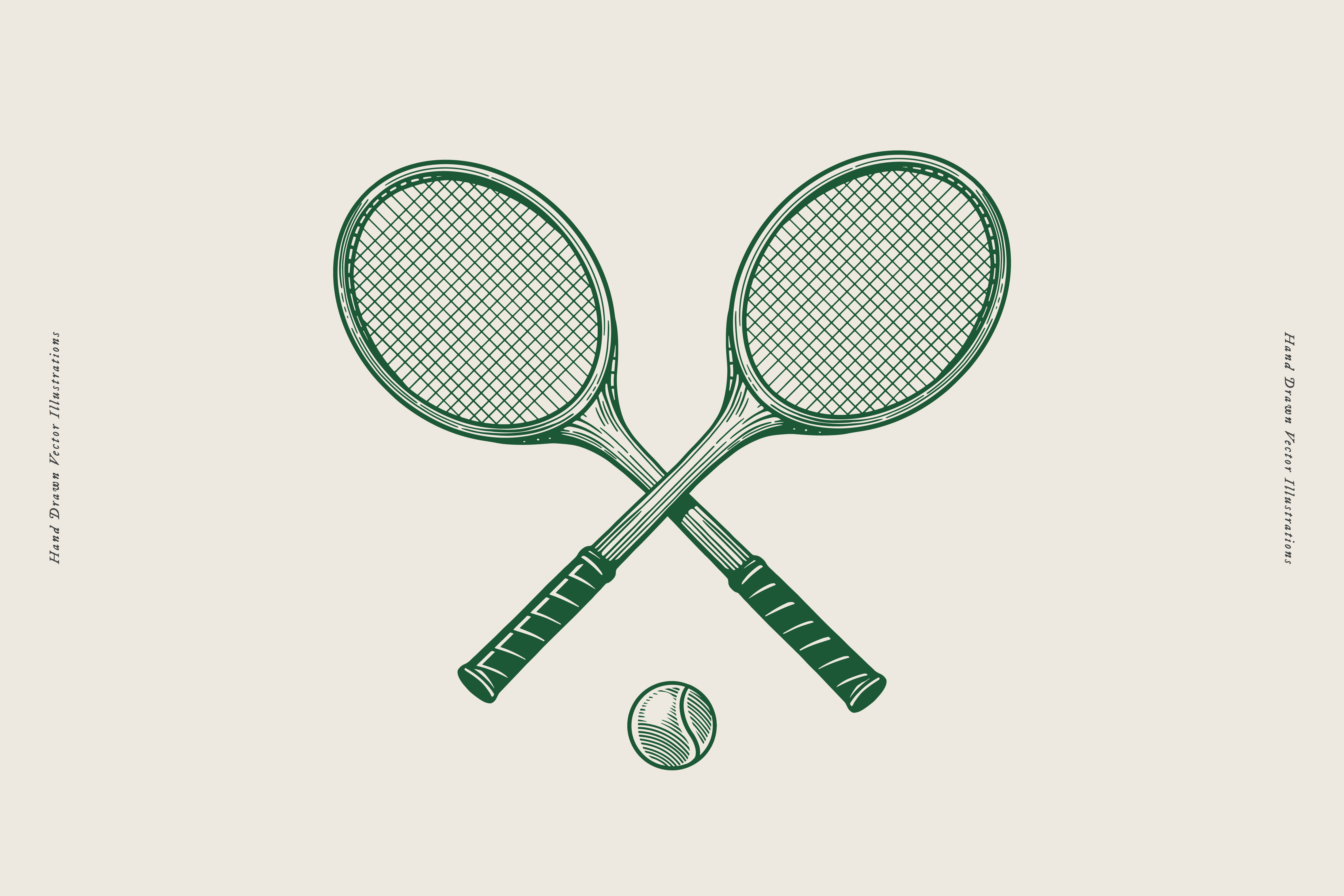 Drawing of two green tennis rackets crossed at the handles and a ball
      in the middle.