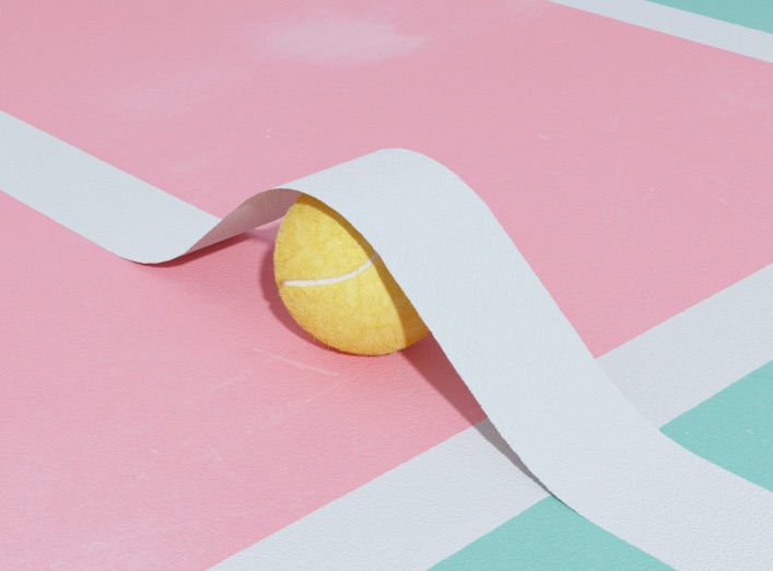 Tennis ball under the line markings in pastel colors.